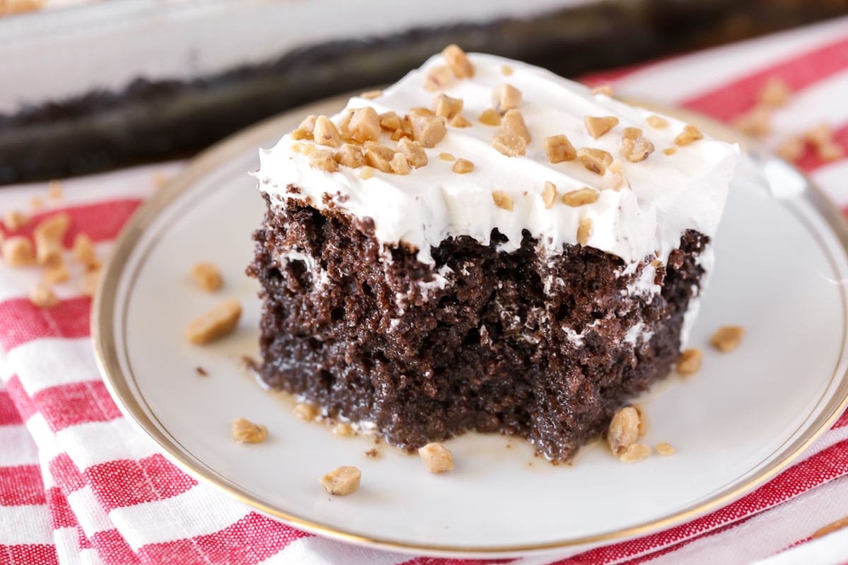 巧克力蛋糕食谱-一块比什么都好bob综合手机客户的蛋糕在一个白色的盘子上。