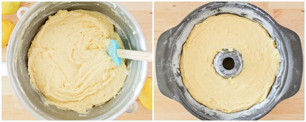 在搅拌碗和平底锅中加入柠檬蛋糕面糊