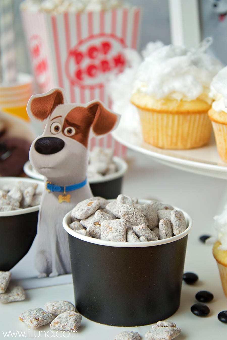 《宠物的秘密生活》电影之夜的创意，包括Gidget纸杯蛋糕、Puppy Chow和Paw Print纸杯蛋糕。