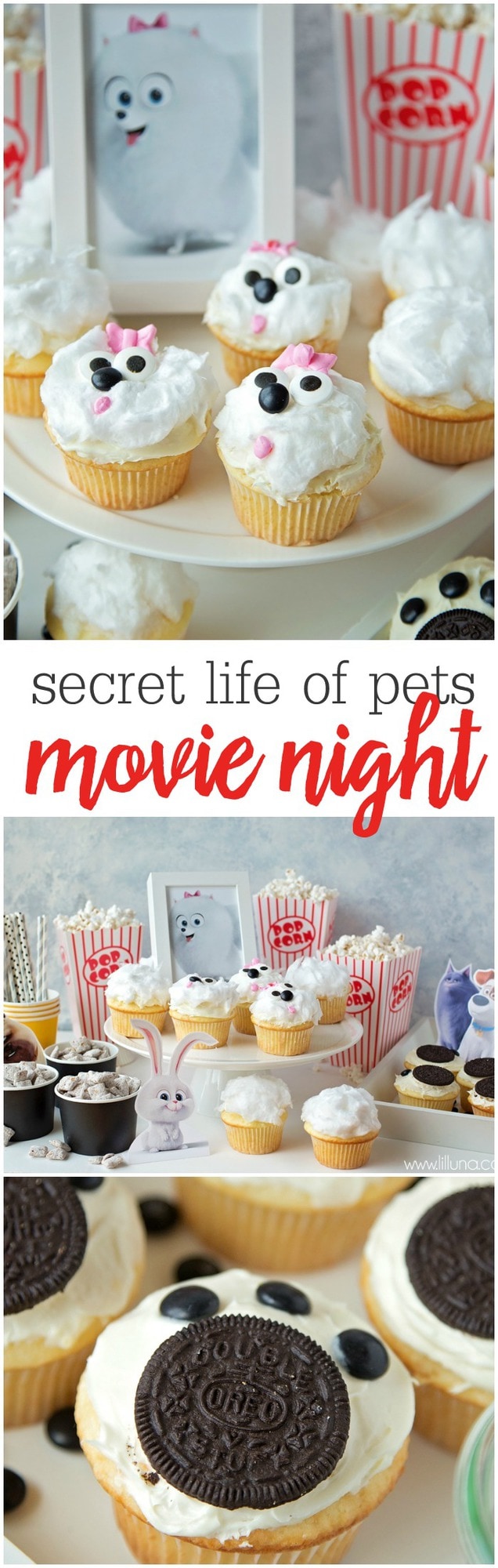 《宠物的秘密生活》电影之夜的创意，包括Gidget纸杯蛋糕、Puppy Chow和Paw Print纸杯蛋糕。