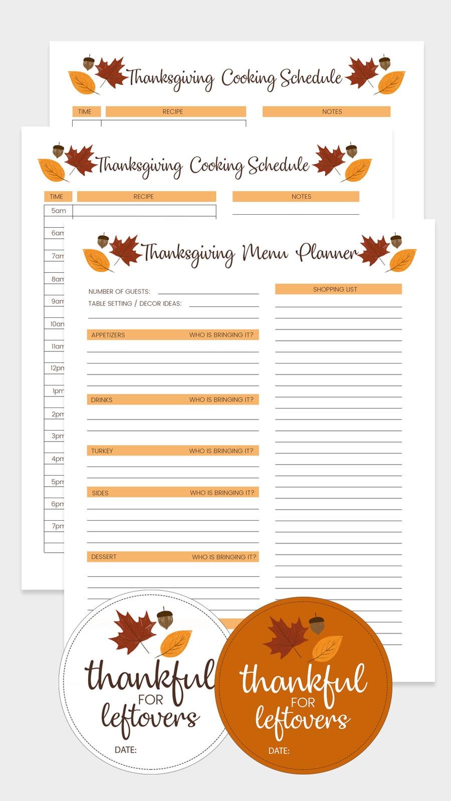 免费感恩节打印-菜单模板，烹饪时间表，剩余的标签