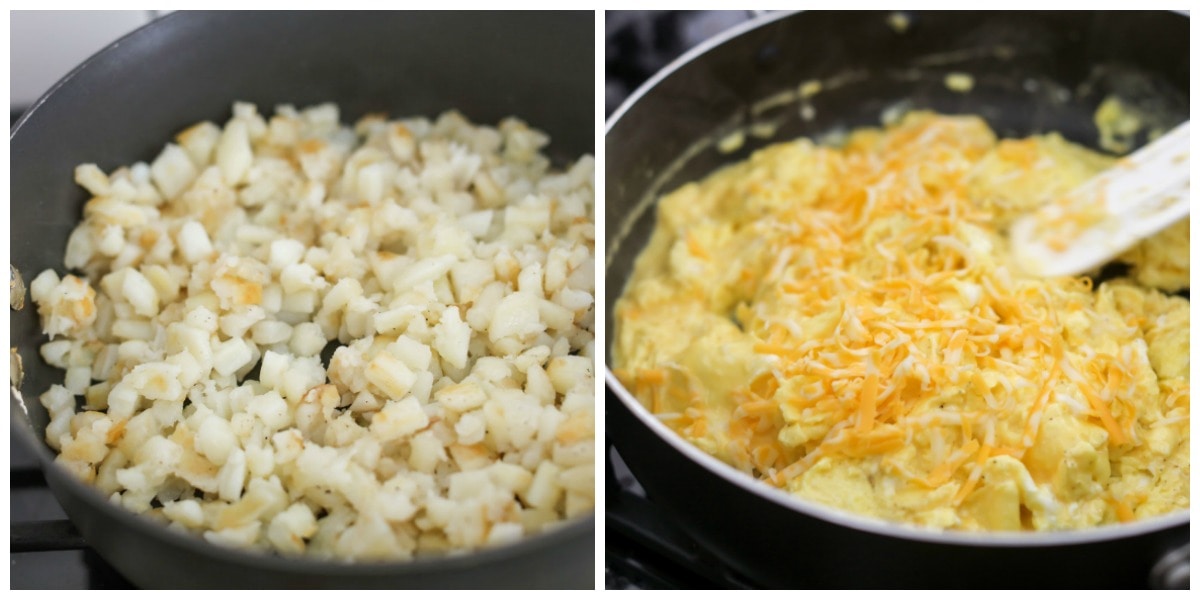 把土豆丁和炒鸡蛋分别放在两个平底锅里