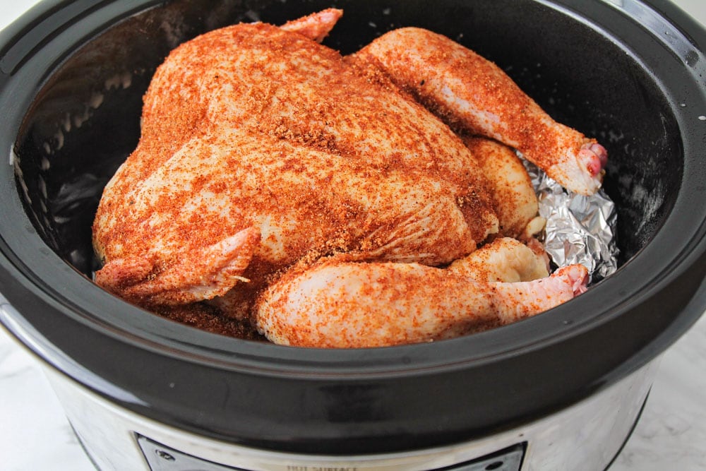 把烤鸡放在炖锅里，撒上调味料。