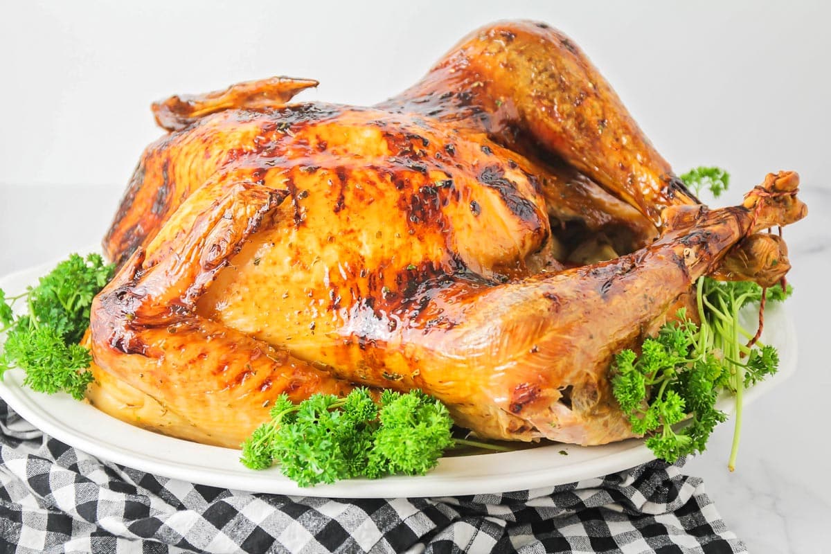 感恩节晚餐点子-慢炖烤鸡放在大盘子上。