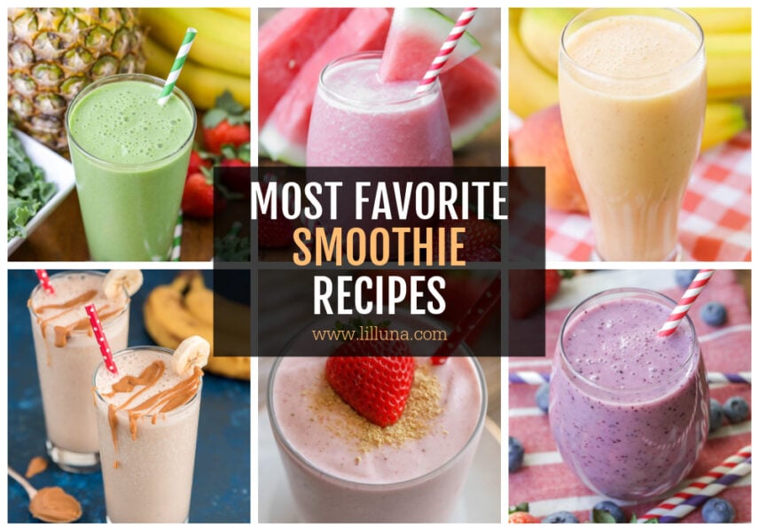 A collage of breakfast smoothie recipes