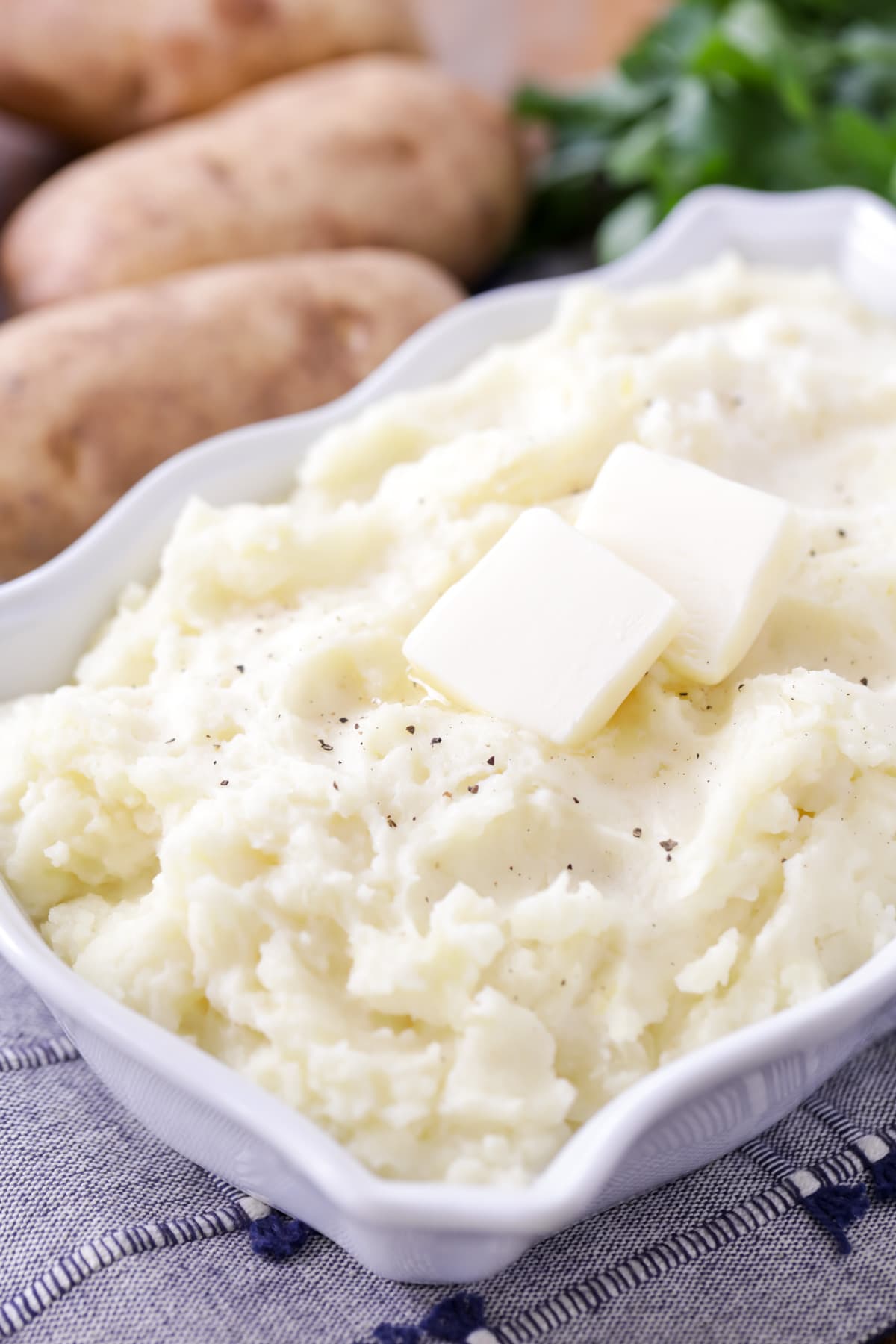 最好的土豆泥食谱，上面加黄油，放在白色的盘bob综合手机客户子里。