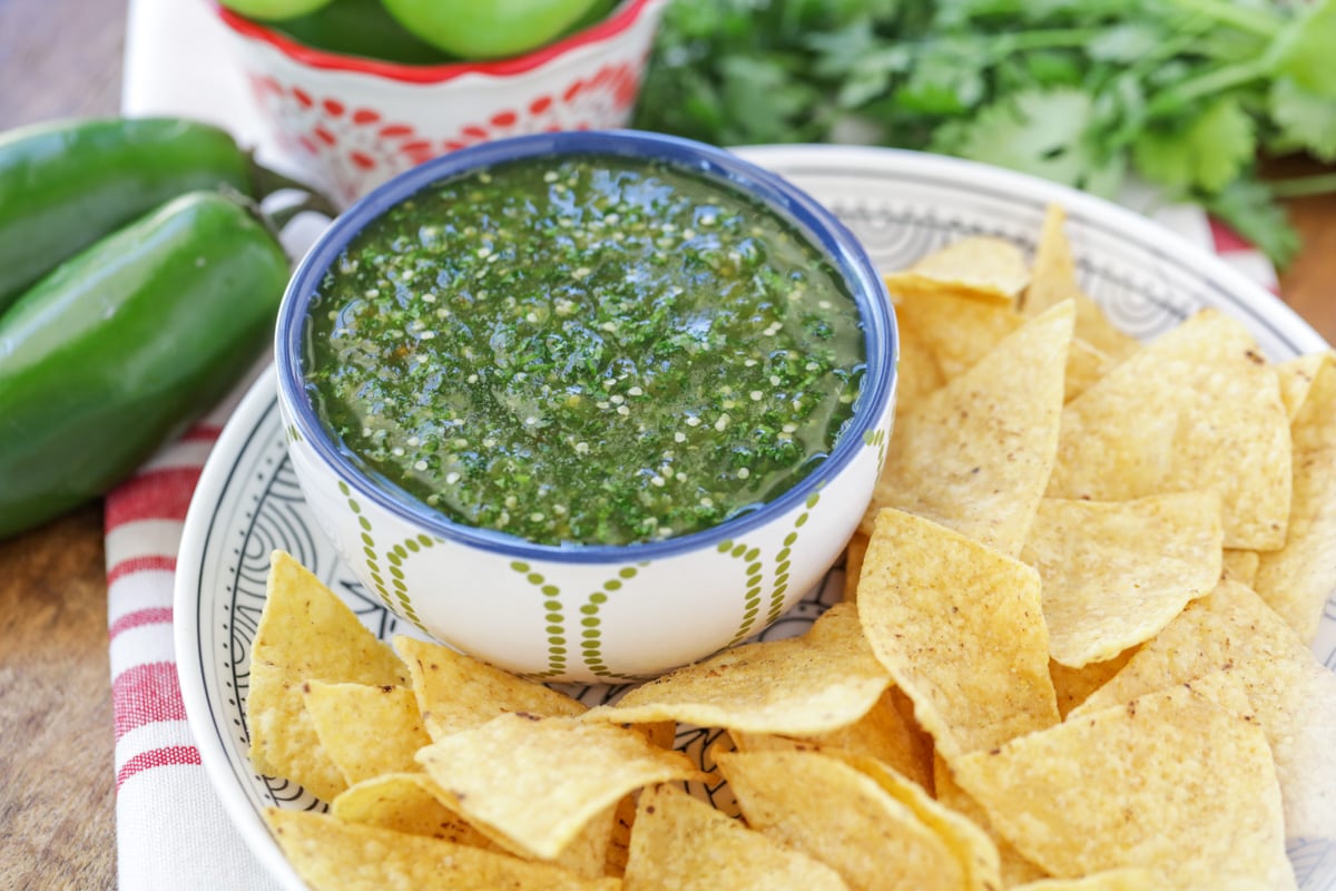 开胃菜蘸酱——白碗白盘子里的绿辣酱，配上墨西哥玉米片。