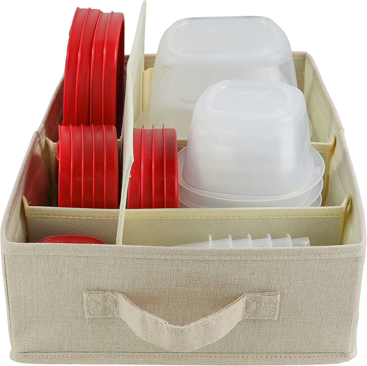 厨房组织理念-一个食物储存容器的组织者，拥有透明的容器和红色的盖子。