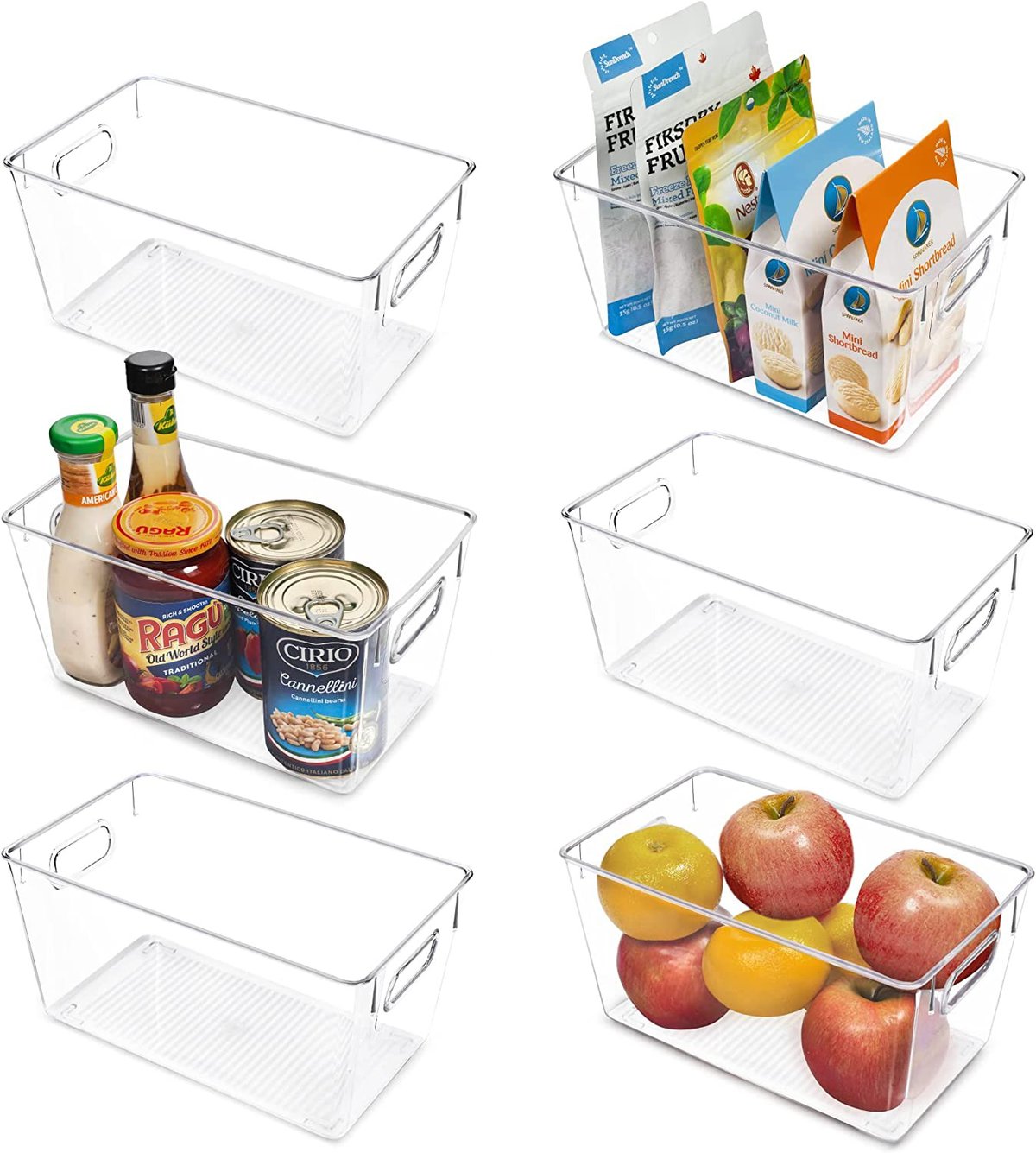 厨房组织理念——六个小的透明储物箱，其中三个里面有食物。