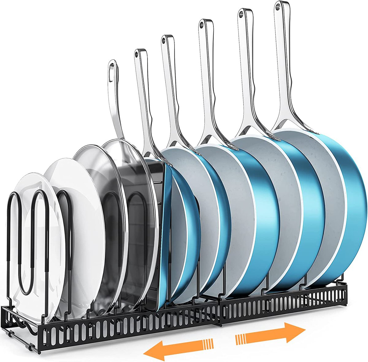 厨房组织理念——一种可伸缩的水平架子，可以放锅、平底锅和盖子。