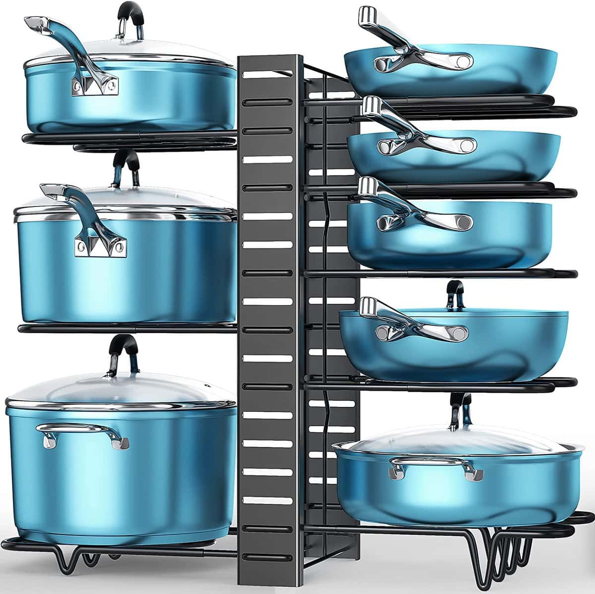 厨房组织理念——一个可以垂直存放锅碗瓢盆的储物架。