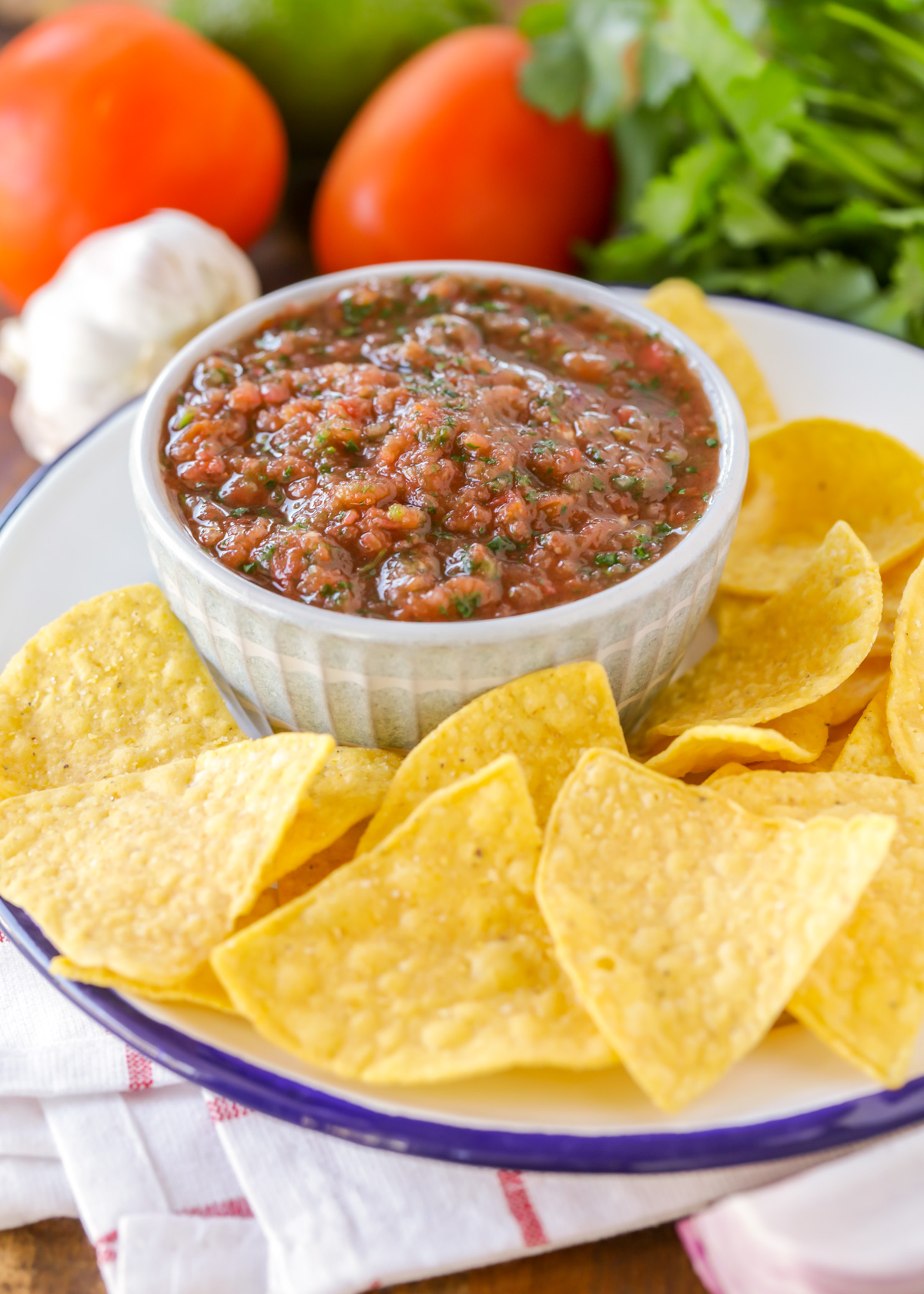 Fresh salsa recipe served in a bowl with homemade tortilla chips.