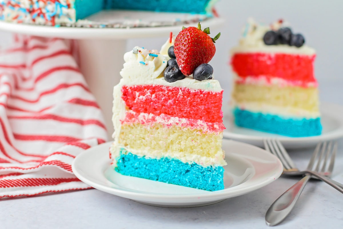 一片红白蓝相间的蛋糕，上面点缀着新鲜的浆果。